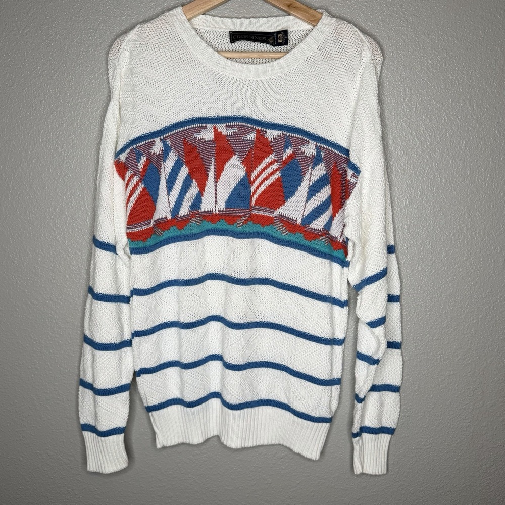 VTG Crossings Nautical Sailboat Knit Sweater Made USA Coastal Grandpacore Prep S
